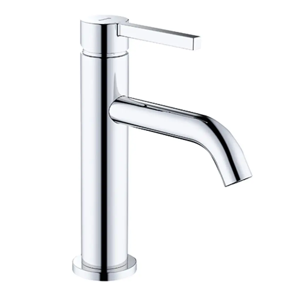 Waschtischarmatur von Kludi mit einem modernen Design, chromfarbener Oberfläche und einem einfachen Hebel zum Regulieren des Wasserdurchflusses. Push-Open Ablaufventil sichtbar.